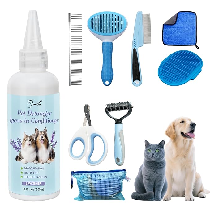 8 in-1 Dog Grooming Kit - Supplies for Short and Long Hair Dogs & Cats, Dog Brushes for Grooming, Dematting Comb for Pet, Bath Brush, Flea Comb, Pet Donditioner, Set in Blue
