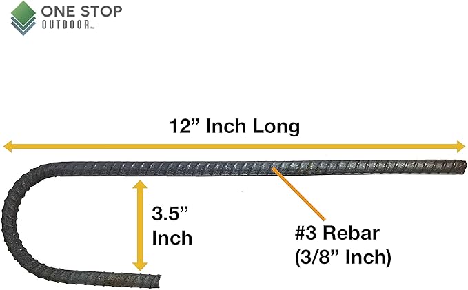USA Made (10-Pack) 3.5" Bend : 12" Curved Steel Rebar Ground Stakes J Hook - Heavy Duty 12" Hard Soil, Fence, Landscape, Deer Fence, Tent, Camping, Irrigation etc. (Fits 3" Pipe)
