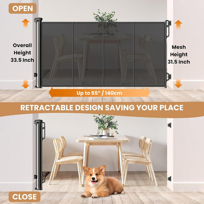 Reinforced Retractable Baby Gate or Mesh Dog Gate,Easy to Use for Stairs, Doorways, Hallways, Indoor, Outdoor, Wide Pet Gate 33.5" Tall, Extends to 55" Wide,Black