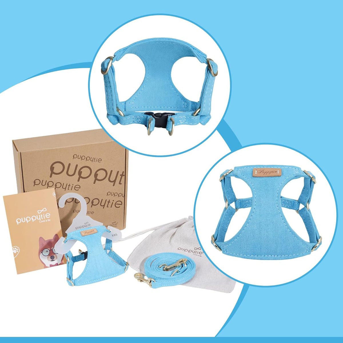 Puppytie No Pull xs Dog Harness with Multifunction Dog Leash,Soft Adjustable No Choke Escape Proof Pet Harness Vest,Ocean Blue,XS