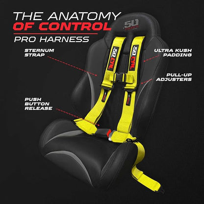 1pc 50 Cal Yellow 4 Point Harness 2in Straps, Racing Harness Seat Belt | Ultra Kush padding, Push Button quick release hardware. Universal Fit for UTV, RZR, race car.