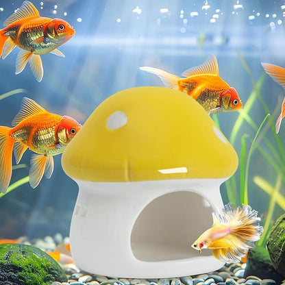 Saim Ceramics Mushroom House Aquarium Decor, Betta Fish Tank Accessories Landscape Decoration, Small Shrimp Goldfishes Habitat Hut Pleco Smalland Breeding Hide Caves Toad House - Yellow
