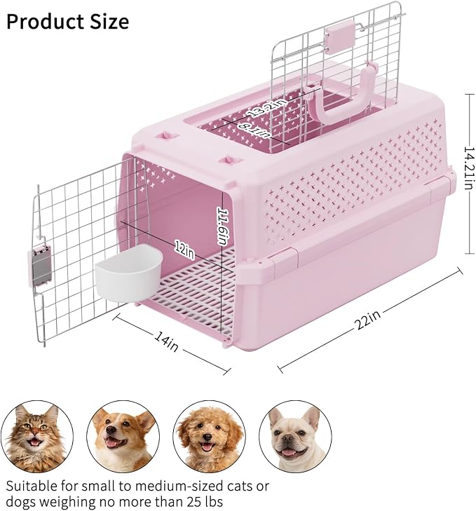 RIZZARI Pet Travel Carrier, 22" Hard Kennel for Cats & Small Dogs | Strong Wire Door,Comfortable Transport,Reliable Lock Design,Ventilated Side Panels,Lightweight Structure,Easy Daily Care