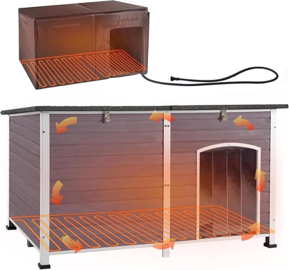 Aivituvin Dog House Insulated Outdoor Dog Kennel with Heated Liner for Winter 59" Extra Large Insulated Dog Cage with Heater,All-Around Iron Frame(Grey)