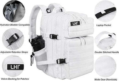 LHI Military Tactical Backpack for Men and Women 45L Army 3 Days Assault Pack Bag Large Rucksack with Molle System - White