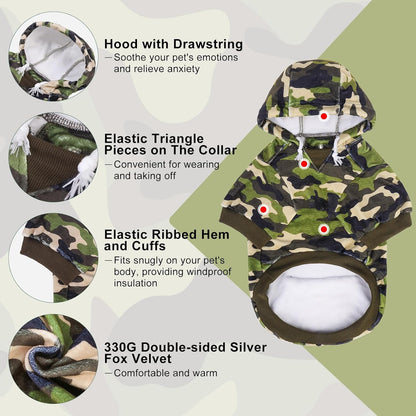 BEAUTYZOO Dog Hoodie for Small Medium Dogs Puppy, Soft Fleece Dog Sweater Cold Weather Coats with Pocket, Pet Outfits Hooded Sweatshirt Chihuahua Cat Jacket Clothing Warm Camo French Bulldog Clothes