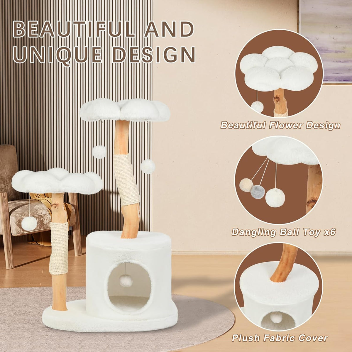 Cute Cat Tree Tower for Indoor Cats Adult, Wood Flower Cat Trees with 6 Pompoms, Modern Cat Tree Tower with Scratching Post, Aesthetic Luxury Cat Condo for Cats Kitten, Alpine White