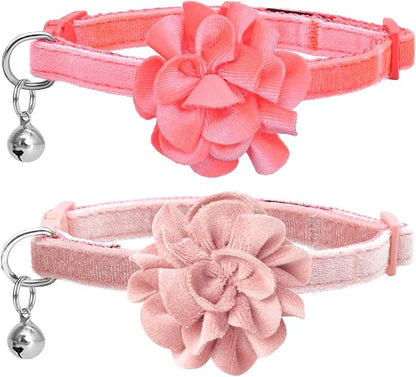 azuza 2 Pack Cat Collar Floral with Bell and Removable Flower Bowtie Breakaway Adjustable Velvet Fabric Cat Collar for Pets and Daily Decoration, Light Pink & Dark Pink