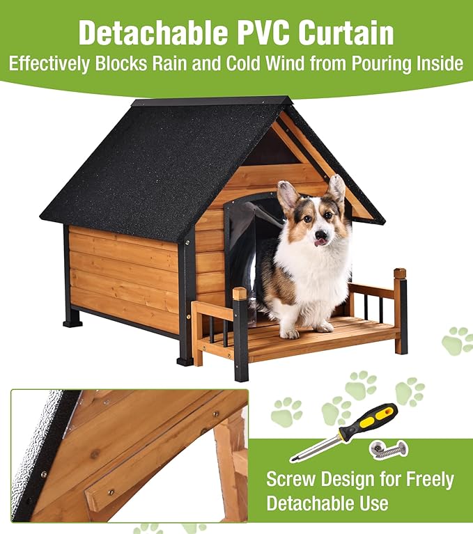 GUTINNEEN Dog House Outdoor Weatherproof with Porch, Puppy Shelter Indoor with Anti-Bite Design, PVC Curtain, Asphalt Roof, Elevated Waterproof Base, for Small to Medium Dogs - Brown