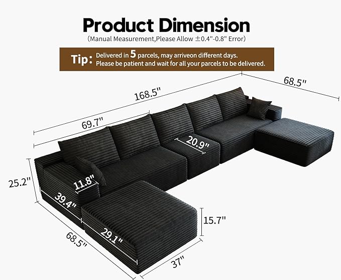 168.5" Modular Sectional Sofa, Oversized U-Shaped Minimalist Couches with 1 Middle Seat and 2 Ottomans Chaise, Modern Deep Seat Convertible Sleeper Sofa, Cloud Plush Corduroy Fabric,7 Seater, Black