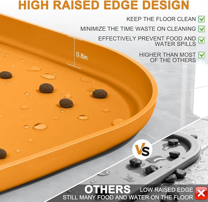 SMILOOL Waterproof Silicone Pet Food Mat with Raised Edge for Dog & Cat | 22" x 14" Non-Slip Pet Feeding Mats with Lip for Food & Water Bowl, Food Grade, Easy Cleaning, Orange