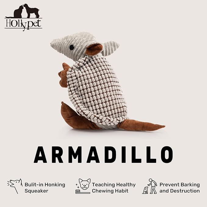 Hollypet Plush Dog Squeaky Toy Stuffed Armadillo Animal Pet Puppy Chew Toys with Clean Teeth for Small Medium Large All Breed Sizes Dogs, Gray, 10 in