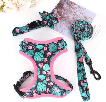 Beirui Cute Dog Collars,Harnesses,Leashes Set, Floral Pattern, Green,XXS | Girl Dog Harness Set with Flower, Adjustable and Soft Mesh Lining, For Puppies Small & Extra Small Dogs Daily Walks