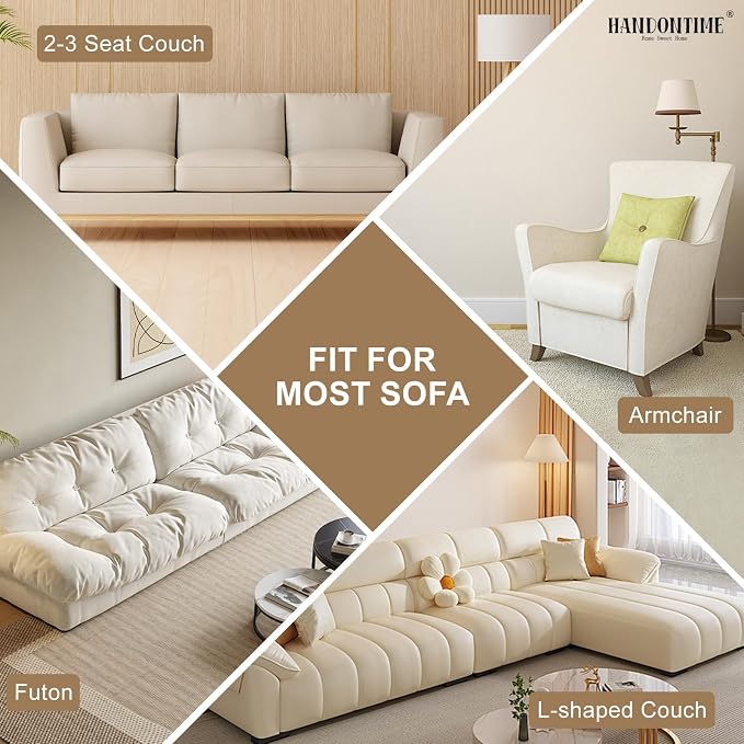 HANDONTIME Non-Slip Pet Couch Cover Washable, Plush Faux Fur Couch Protector for Cushion Pet-Friendly Sofa Covers for Dogs, Checkered Diamond Sectional Covers Dog Mat for Sofa (Ivory, 35.6" x 94.5")