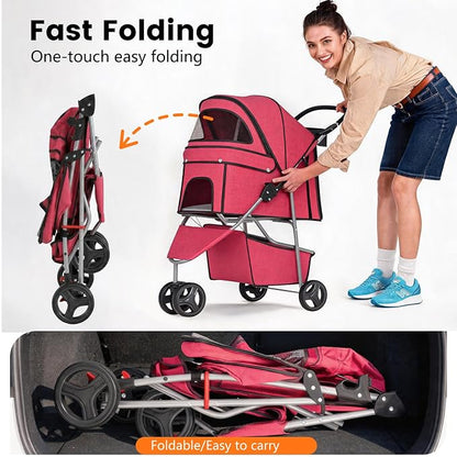 BestPet 3 Wheels Pet Dog Stroller Cat Cage for Medium Small Dogs Cats Travel Folding Carrier Waterproof Puppy Stroller with Cup Holder & Removable Liner,Red