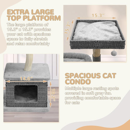 Modern Cat Tree for Large Cats - Multi-Level Wooden Tower with Scratching Posts, Large Jumping Platforms, Hanging Toy - Modern Luxury Cat Furniture for Indoor Cats-Grey
