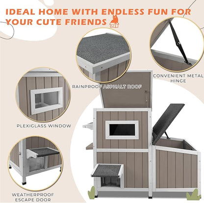 36.1" L Outdoor Cat House,2 Story Wooden Outdoor Cat Shelter with 3 Escape Doors,Weatherproof Fir Wood Feral Cat House with 2 Big Rest Rooms & Openable Asphalt Roof for 2-3 Cats