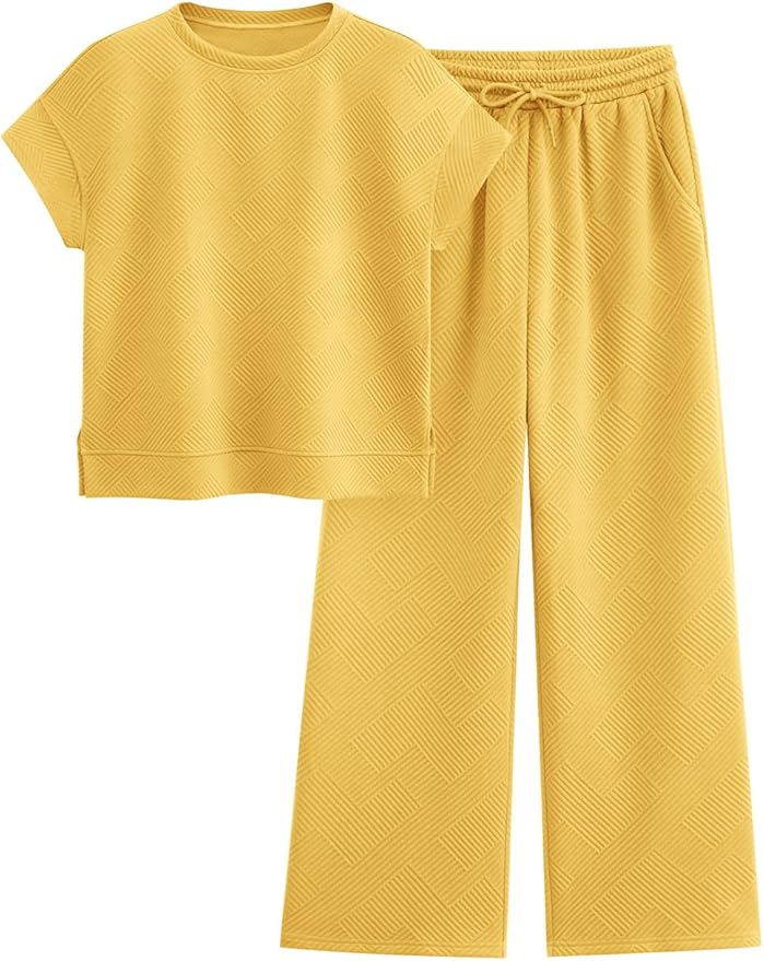 PRETTYGARDEN 2 Piece Outfits For Women Casual Tracksuit Short Sleeve Tops And Wide Leg Long Pants Matching Lounge Sets