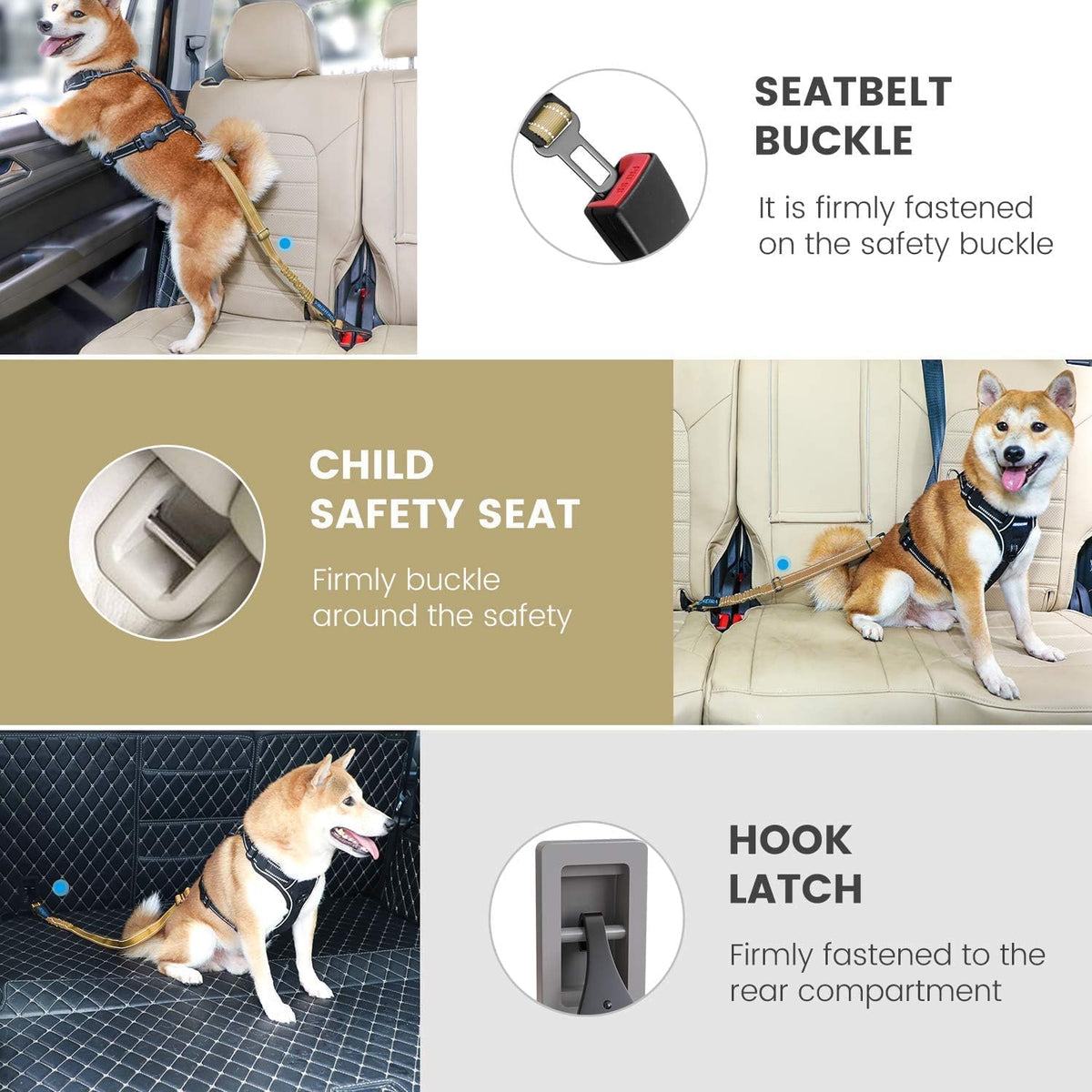 IOKHEIRA Dog Seat Belt 3-in-1 Car Harness for Dogs Adjustable Safety Seatbelt for Car Durable Nylon Reflective Bungee Fabric Tether with Clip Hook Latch & Buckle, Swivel Zinc Alloy Carabiner Green