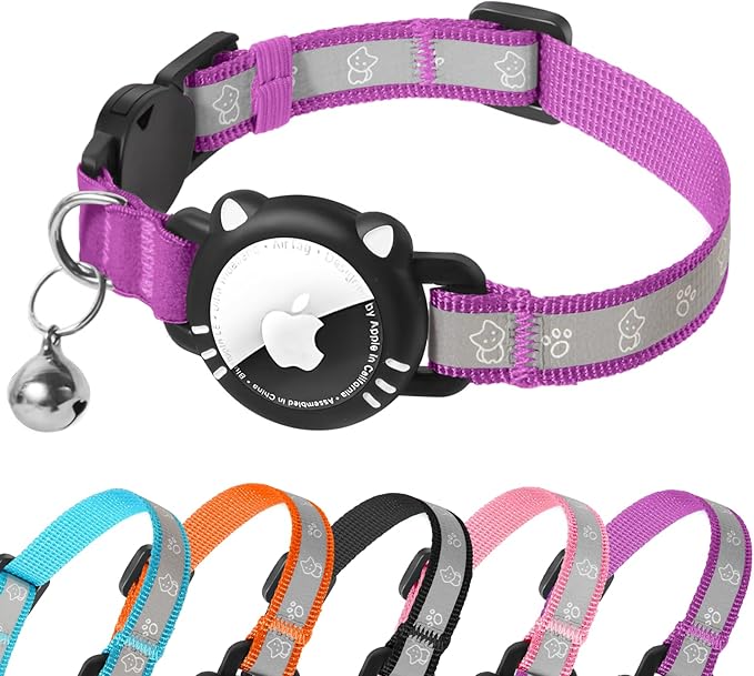 Airtag Cat Collar, Reflective Cat Collar with Apple Air Tag Holder, Breakaway GPS Tracker Pet Collar with Bell for Cat Kitten, Airatg Not Included, Purple, XS(7-9 Inch)