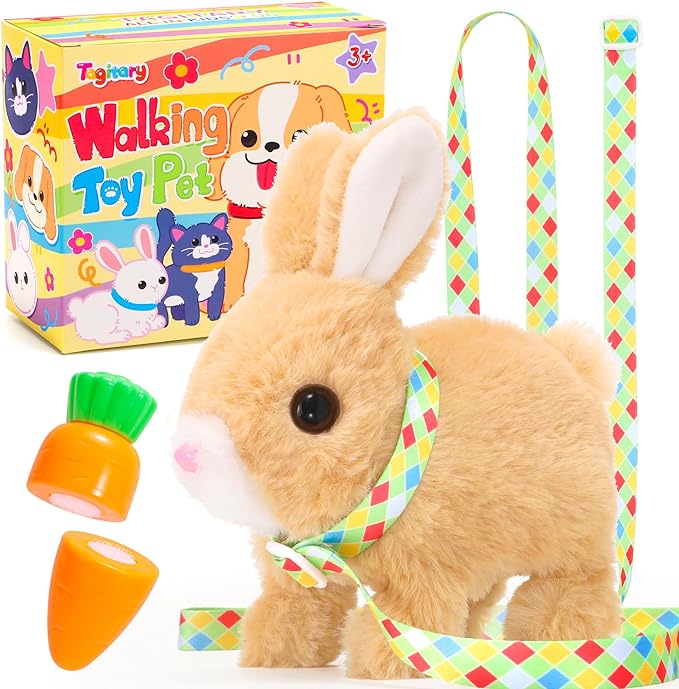 Tagitary Easter Plush Bunny Toys Electronic Bunny Toy with Sounds,Wiggling Ears,Hopping,Twitching Mouth and Nose,Interactive Rabbit Toy for Kids with Leash,Easter Birthday Gift for Toddlers