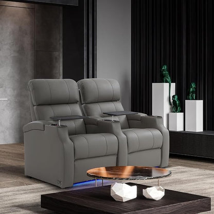 Weilianda Home Theater Seating, Top Grain Leather Sectional Seats Recliner Chair, Zero Gravity Reclining Sofa with Power Headrest 7 Colors Ambient Lighting USB C Charge Row of 2 Grey