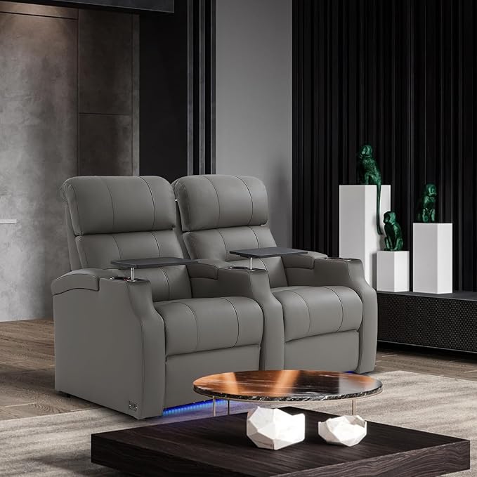 Weilianda Home Theater Seating, Top Grain Leather Sectional Seats Recliner Chair, Zero Gravity Reclining Sofa with Power Headrest 7 Colors Ambient Lighting USB C Charge Row of 3 Grey