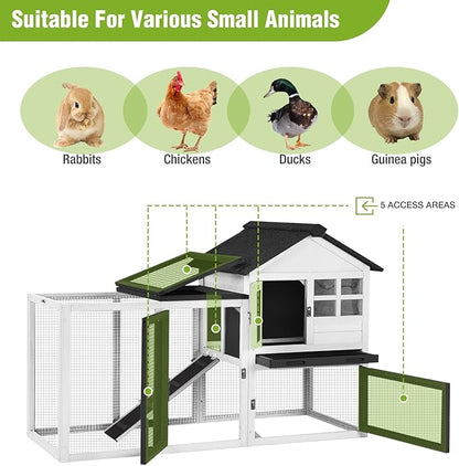 Rabbit Hutch Indoor or Outdoor, Wooden Bunny Cage with Chew-Proof Ramp, Mobile Rabbit House with Wheels, Guinea Pig Cages with Leakproof Tray and Waterproof Roof (White)