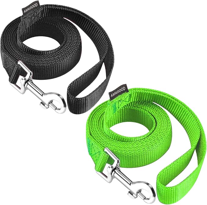 AMAGOOD 6 FT Puppy/Dog Leash, Strong and Durable Traditional Style Leash with Easy to Use Collar Hook, Great for Small, Medium and Large Dogs (3/4 in x 6 ft, Black and Green (2-Pack))