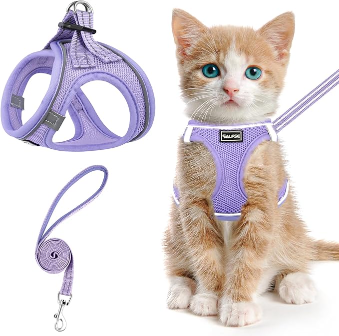 Cat Harness and Leash for Walking Escape Proof, Adjustable Kitten Vest Harness Reflective Soft Mesh Puppy Harness for Outdoor, Comfort Fit, Easy to Control (Purple, L)