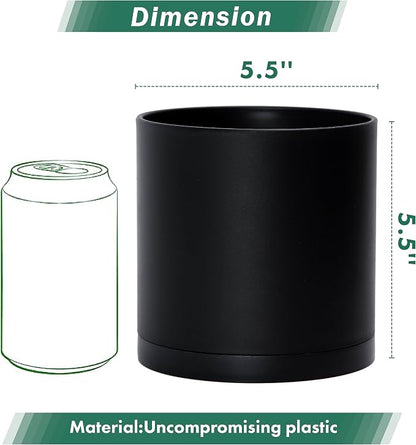 D'vine Dev 4 Pack 5.5 Inch Modern Plastic Plant Pots, Small Garden Planters for Plant with Drainage Holes and Saucers, Black Color, 74-Y-H-2