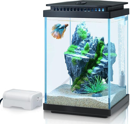 FEDOUR Small Glass Aquarium, 1 Gallon Desktop Fish Tank, Betta Fish Tank, Mini Aquarium Starter Kit with Air Pump LED Light Decoration Water Changer Fish Net (Black)
