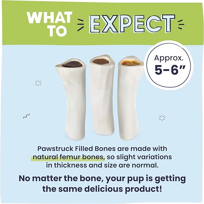 Pawstruck Large 5-6” Filled Dog Bones Variety Pack - Peanut Butter, Cheese & Bacon, Beef Flavors - Made in USA, Long Lasting Stuffed Femur Treat for Aggressive Chewers - Pack of 3, Packaging May Vary
