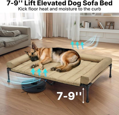 Veehoo Cooling Elevated Dog Bed Add Removable Waterproof Bolster Cushion Mat, Raised Pet Cot with Breathable Teslin Mesh, No-Slip Feet, Dog Couch Bed for Indoor Outdoor, 53 inches, Beige Coffee