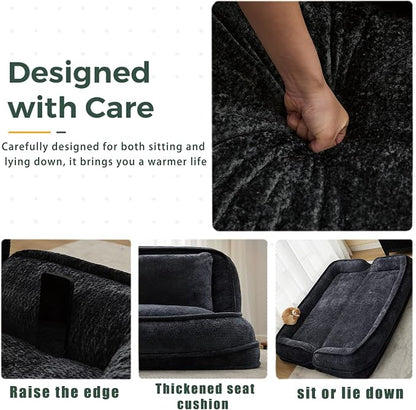 Foldable Lazy Sofa Bed, Double Human Dog Bed for Adults, Black | Skin-friendly Breathable Soft Chenille Upholstered, 5 Adjustable Backrest Positions, 3 Soft Cushions for Living Room