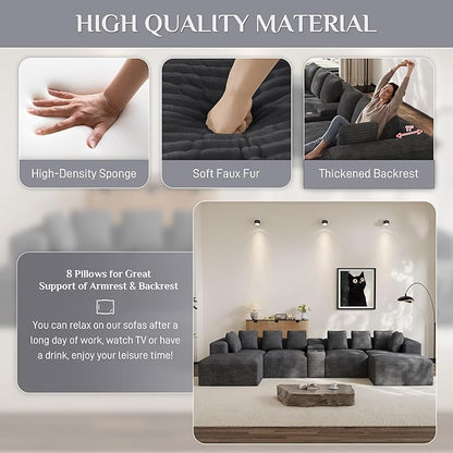 Modular Sectional Sofa with USB Cup Holders Storage, 143" U Shaped Cloud Couch Plush Corduroy Deep Seat Boneless Sofas with Double Chaise Lounge Memory Foam Couches for Living Room - Dark Grey