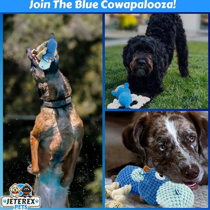 Large Dog Toy - Blue Cow Squeaky Dog Toys for Large Dogs, Medium and Small Dogs. Interactive with Pineapple Plush Fabric, Rope Legs, Hidden Seams, Crinkle Paper, Embroidered Eyes