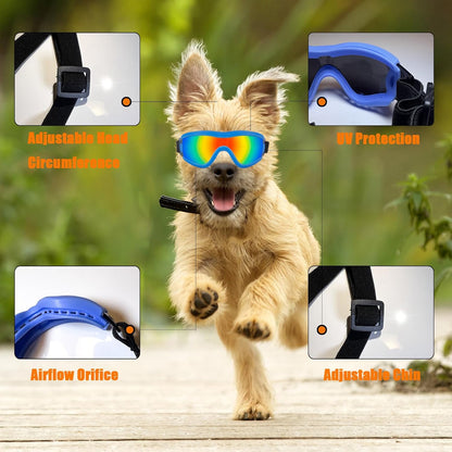 Dog Goggles Small Breed Dog Sunglasses with Adjustable for UV Protection Eyewear Doggy Doggie Puppy Glasses Anti-Fog Wind Dust Snowproof (Blue Frame Red Lens)