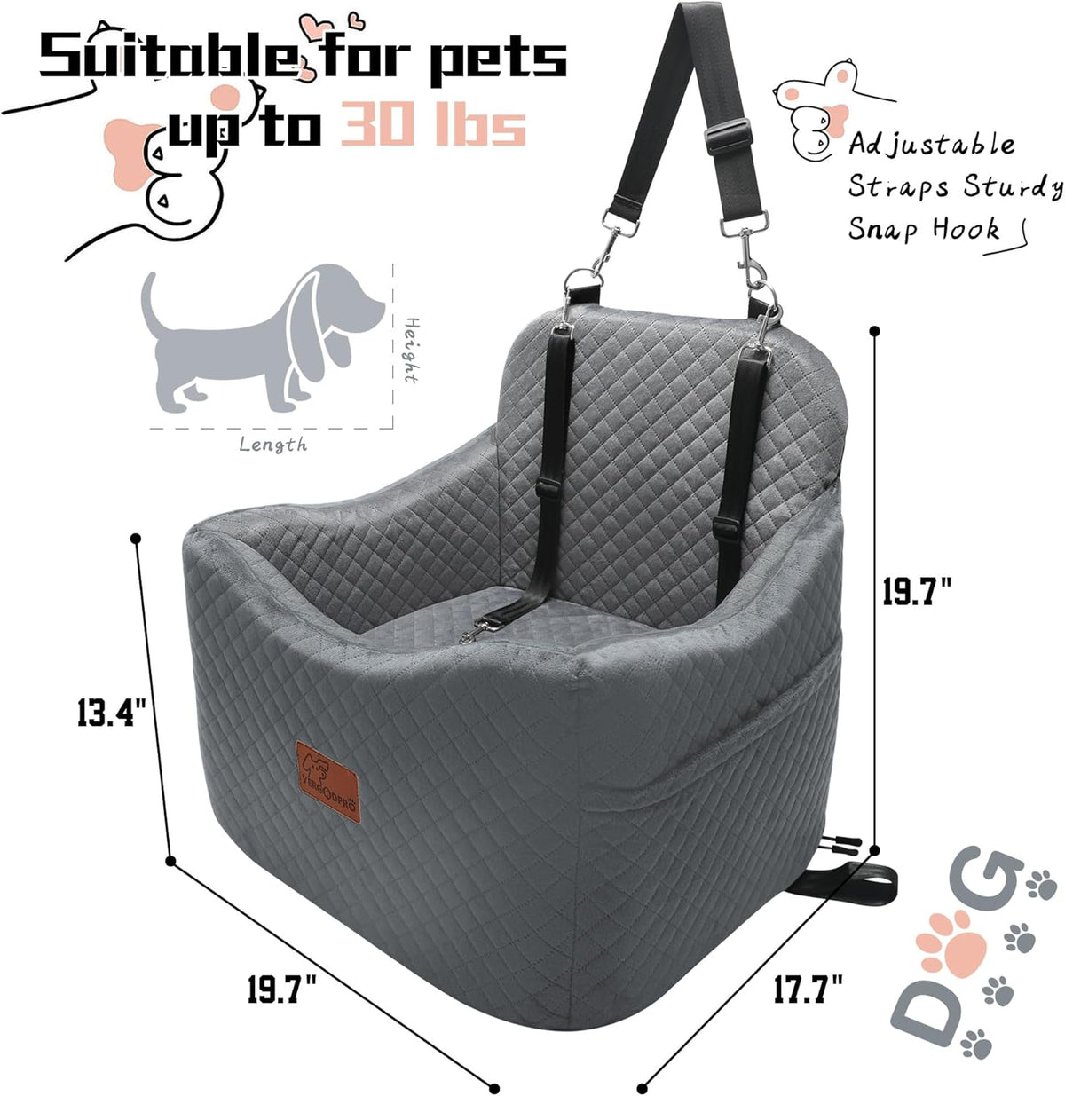 Dog Booster Car Seat for Dogs under 35lbs,Elevated Pets Seat with Safety Strap,Ultra Soft Fabric and Memory Foam Car Dog Bed,Safety,Comfy,Non-Slip&Washable Carseat Cushion for Travel,Cars,SUV.(H-Grey)