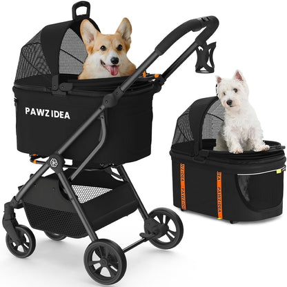 PAWZIDEA Pet Stroller 4 in 1, Dog Strollers for Small/Medium Dogs/Cats with Detachable Carrier NO-Zip Canopy, Seatbelt Puppy Car Seat Combo, Foldable & Lightweight Jogger Cat Strollers, Storage Basket