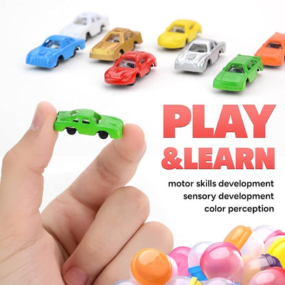 Racing Car Toys in Capsules - 50 Pcs - 1.1 Inch Plastic Capsules with Mini Racing Cars Toys for Kids inside - Bulk Easter Basket Stuffers Classroom Prizes