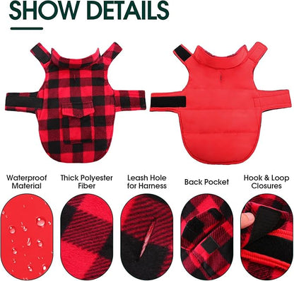 Kuoser Dog Winter Coat, Windproof Dog Fleece Jacket British Style Plaid Cold Weather Doggie Vest Coats, Reversible Cozy Warm Pet Clothes Apparel for Extra Large Size Dogs XXL
