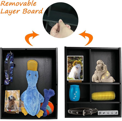11*14" Solid Wood Pet Memorial Shadow Box Frame with Shelves | Deep Pet Memory Box Display Case for Dogs or Cats Urn Ashes Paw Print Keepsake for as Loss Remembrance Sympathy Gift- Black