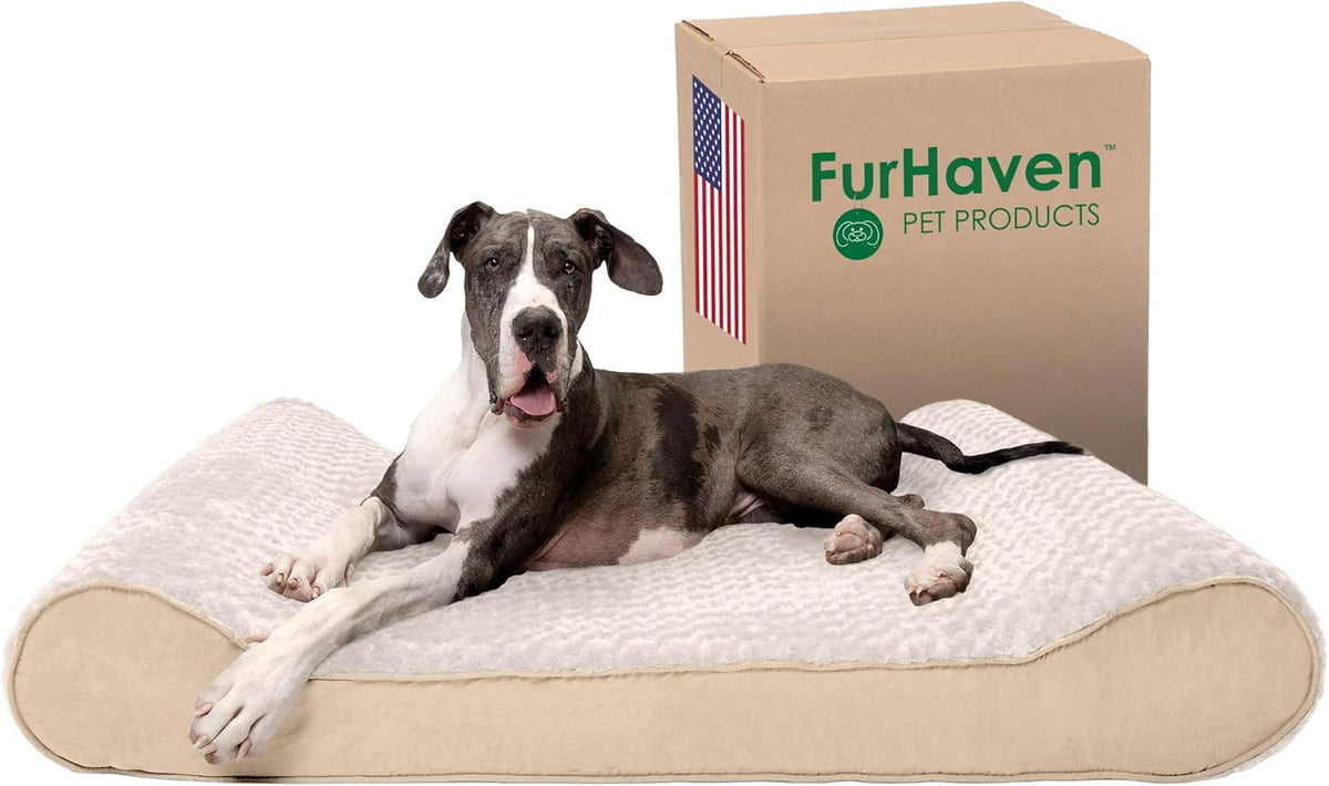 Furhaven Orthopedic Dog Bed for Extra Large Dogs w/ Removable Washable Cover, For Dogs Up to 180 lbs - Ultra Plush Faux Fur & Suede Luxe Lounger Contour Mattress - Cream, Giant/XXXL