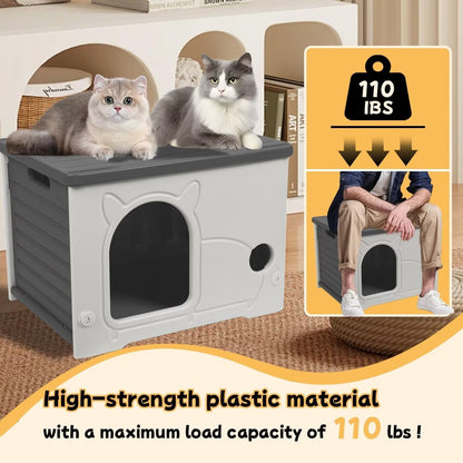 Plastic Outdoor Cat House Waterproof Feral Cat Shelter(Gray)