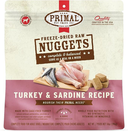 Primal Freeze Dried Raw Dog Food Nuggets, Turkey & Sardine Complete & Balanced Meal, Also Use as Topper or Treat, Premium, Healthy, Grain Free, High Protein Raw Dog Food, 14 oz