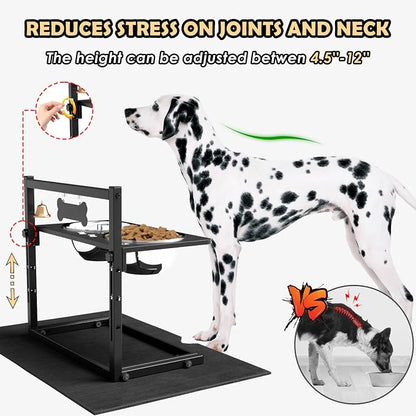 Elevated Dog Bowls with Slow Feeder and Spill Proof Mat, Adjustable Height 4.3-11.8'', Two 1.7L Stainless Steel Food & Water Bowls, Metal Raised Dog Bowl Stand, for Large Medium Breeds