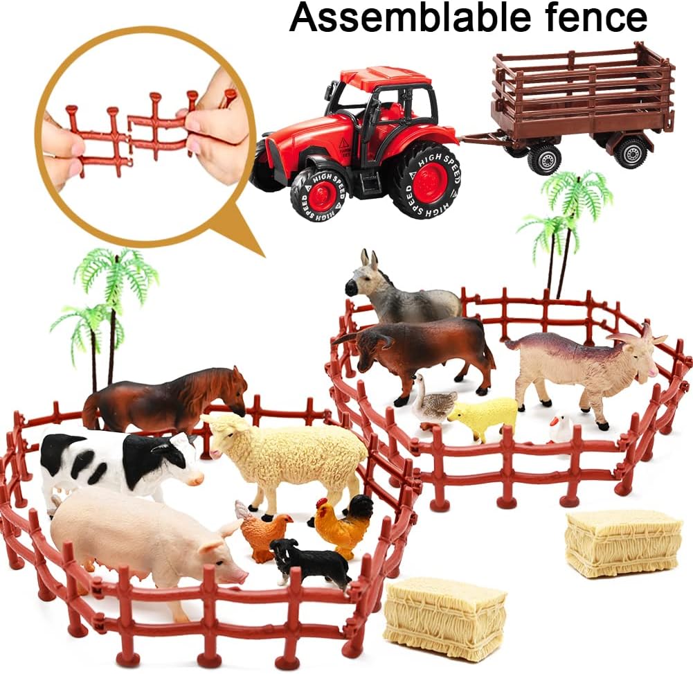 3 Pack Farm Toy Tractor with 40pcs Plastic Animals Figurines and Fence Playset, Farm Figures Farmer Vehicle Toy Truck with Trailer for 3-12 Years Old Kids Boys Girls Toddlers