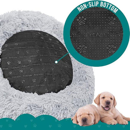 PetAmi Calming Dog Bed for Small Medium Dogs and Cats, Round Donut Washable Fluffy Faux Fur Plush Cuddler Pet Kitten Cushion, Anti-Slip, Fits up to 45 lbs, 30 inch, Light Gray