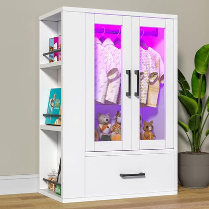 kepptory Pet Wardrobe Closet with LED Light, Side Storage Shelves & Drawer, White Pet Clothes Organizer Cabinet with Hanging Rod, Multi-Functional Pet Closet for Dogs & Cats Clothing, Toys
